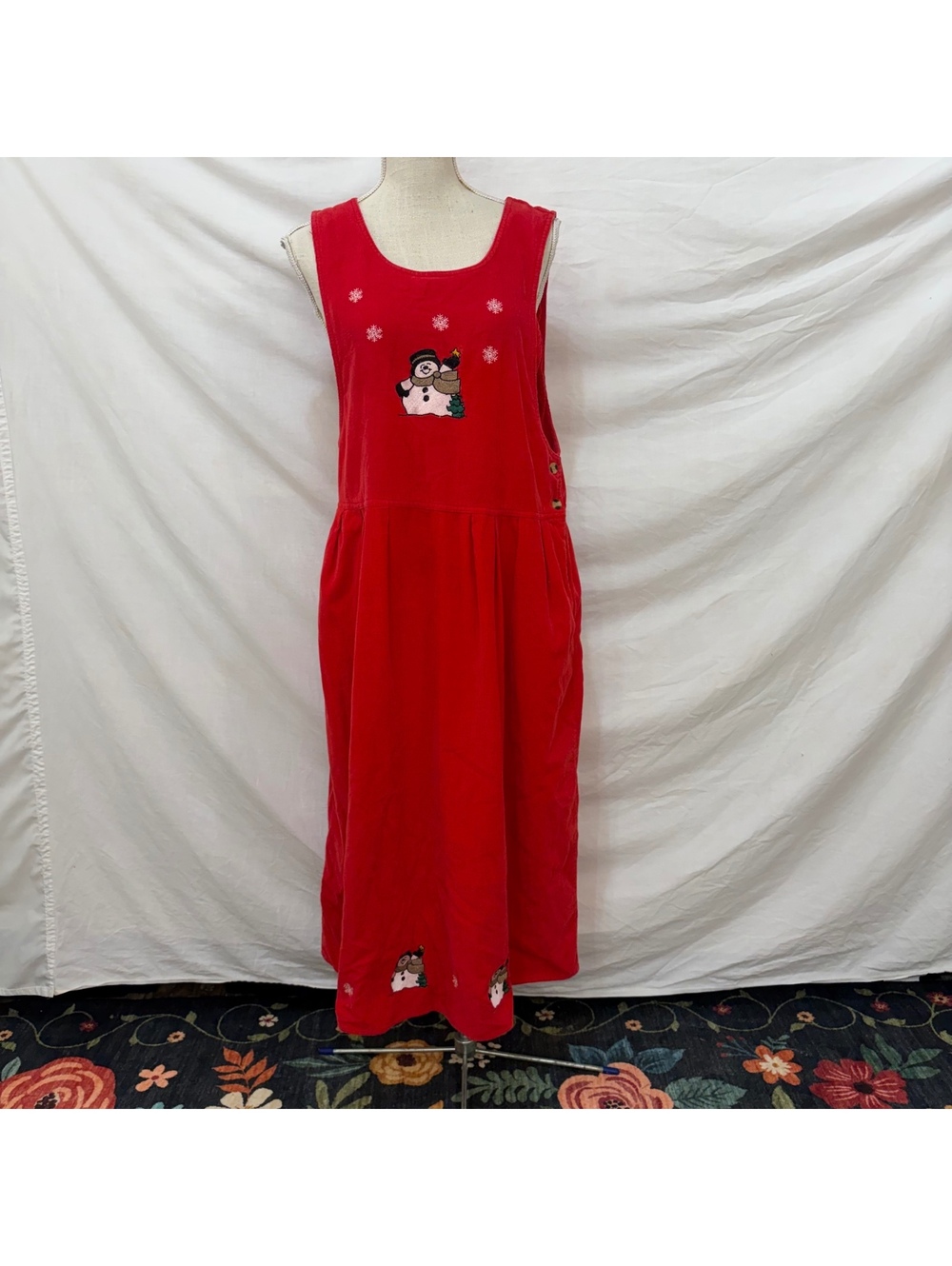 Corduroy embroidered snowman jumper dress sz medium vintage 80s/90s